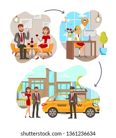 Taxi Service Steps Flat Vector Illustrations Set. Man and Woman Having Date Isolated Characters. Make Call, Book Cab. Dispatch Operator, Chauffeur with Car, Passengers. Transportation Design Element