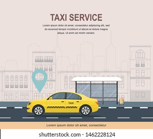 Taxi service template on background of city. Vector Illustration
