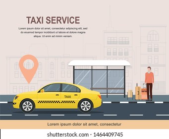 Taxi service template on background of city. Vector Illustration