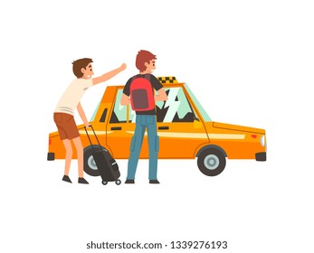 Taxi Service, Two Men with Suitcase and Backpack Catching Taxi Car Cartoon Vector Illustration