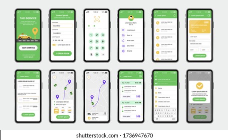 Taxi service unique design kit for mobile app. Online taxi booking screens with map navigation and taxi fare. Passenger transportation UI, UX template set. GUI for responsive mobile application.