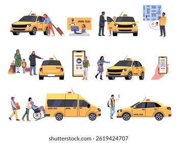 Taxi service users. Passengers call to operator, public city transport, mobile apps, yellow car, passengers catch and wait, hold smartphone with map on screen cartoon flat tidy vector set