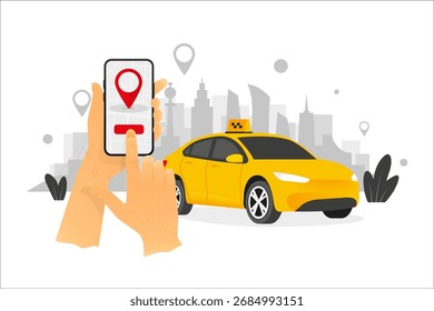 Servicio de taxi. Usar un App para pedir un taxi en una calle de la ciudad con teléfono móvil. Marcador de Locación. Ilustración vectorial.