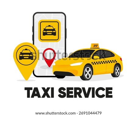 Taxi Service. Using a app to order a taxi cab in a city street with mobile phone. Location marker. Vector illustration.