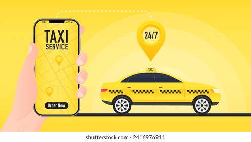 Taxi service vector cab app design flyer. Taxi mobile for UI UX website. Taxi mobile application or ordering taxi online from smartphone concept. 24 hour service. Vector illustration