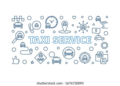 Banner horizontal o ilustración del concepto del vector del servicio de taxi en estilo de esquema