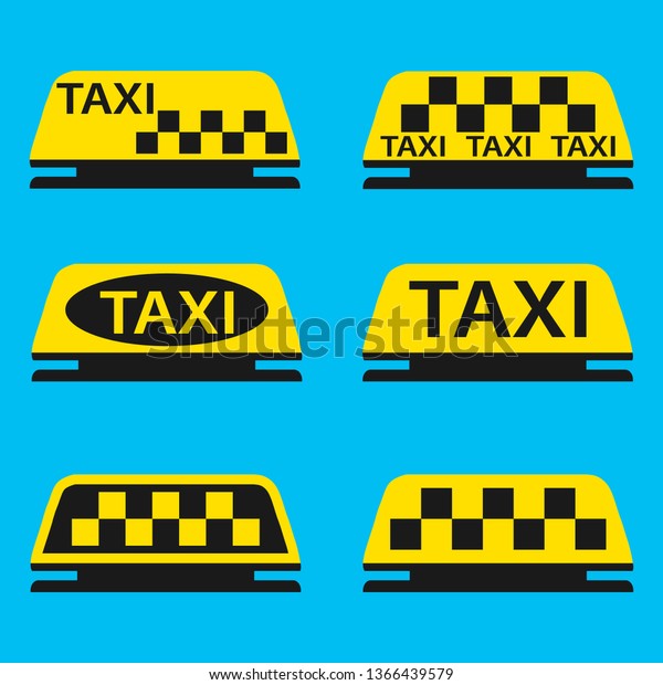 Taxi service vector icons. Taxi\
signs. Checkered taxi, car, passenger, transportation,\
trip.