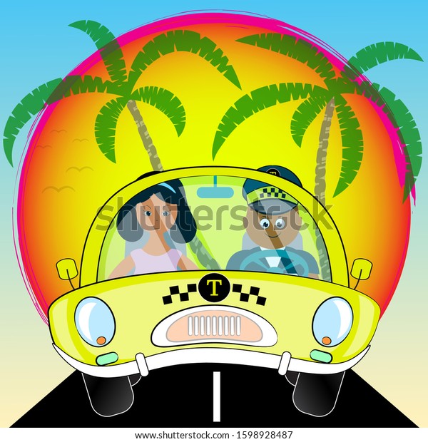 \
taxi service vector illustration\
in cartoon style. the girl in the taxi vector\
illustration.