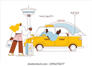 Taxi service. Vector illustration in flat design style. Taxi driver with luggage waiting for taxi.