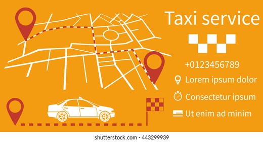 Taxi service. Vector illustration, flat design. Taxi call. Information banner can be a template for web applications. Route on a map city with pointers.