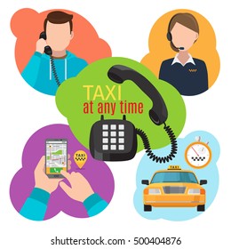 Taxi service vector illustration with urban cab motor service, mobility phone app and taxi operator calls