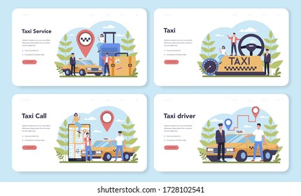 Taxi service web banner or landing page set. Yellow taxi car. Automobile cab with driver inside. Idea of public city transportation. Isolated flat illustration
