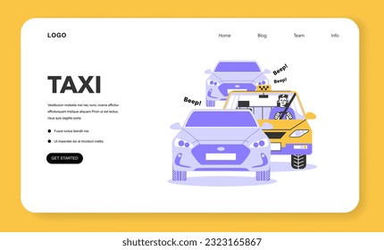 Taxi Service Web-Banner oder Landing-Seite. Gelbes Taxi im Stau. Automobil-Kabine mit Fahrer innen warten auf Bewegung. Idee des öffentlichen Nahverkehrs. Flache Vektorgrafik