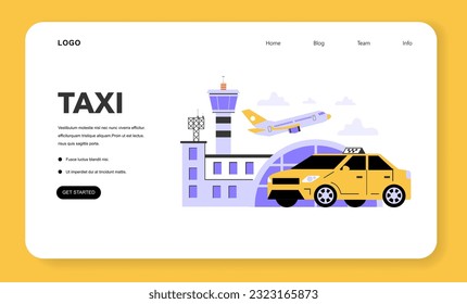 Taxi service web banner or landing page. Yellow taxi car transfering passengers or tourists from airplane. Idea of public city transportation. Flat vector illustration