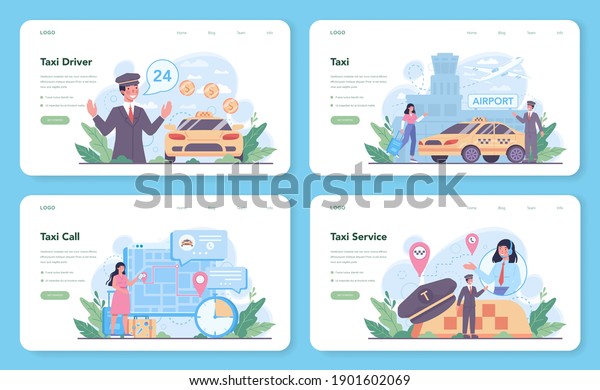 Taxi service web banner or\
landing page set. Yellow taxi car. Automobile cab with driver\
inside. Idea of public city transportation. Isolated flat\
illustration