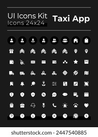 Taxi service white glyph ui icons set for dark mode. Silhouette symbols on black background. Solid pictograms for web, mobile. Vector isolated illustrations. Montserrat Bold, Light fonts used