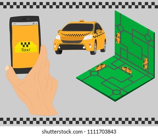 Taxi service. Yellow taxi cab. Hands with smartphone and taxi application and map. vector drawing illustration