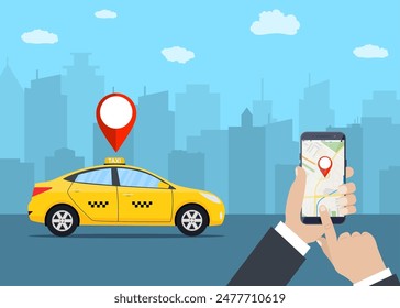 Taxi-Service. Gelbes Taxi. Hände mit Smartphone und Taxi-Anwendung, Stadtsilhouette mit Wolkenkratzern und Turm, Himmel mit Wolken. Vektorillustration im flachen Stil