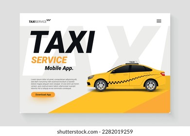 Servicio de taxi cabina amarilla transporte de pasajeros aplicación móvil y página de aterrizaje ilustraciones vectoriales realistas. Automóvil urbano motor de búsqueda navegación navegación moderna tecnología digital de negocios