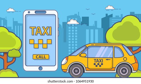 Taxi service.Call yellow cab mobile app smartphone. Concept  design banner city urban tower of skyscrapers and car.Flat line art vector.