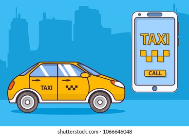 Taxi service.Call yellow cab mobile app smartphone. Vehicle urban city buildings of a tower skyscraper.Flat line art vector.Car cab hatchback side view 