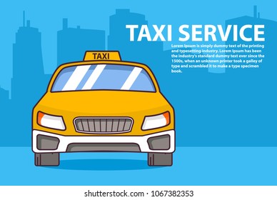 Taxi service.Flat line art vector.Car front view .Website banner concept.City skyline skyscrapers.