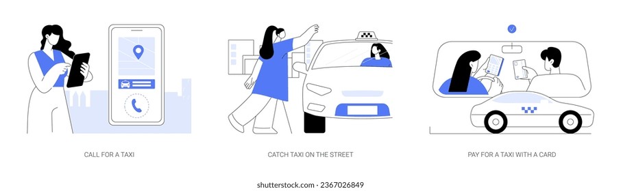 Conjunto de ilustraciones vectoriales de concepto abstracto de servicios de taxi. Llama a un taxi, coge un taxi en la calle, paga un viaje con tarjeta, taxista con terminal, transporte urbano metáfora abstracta.