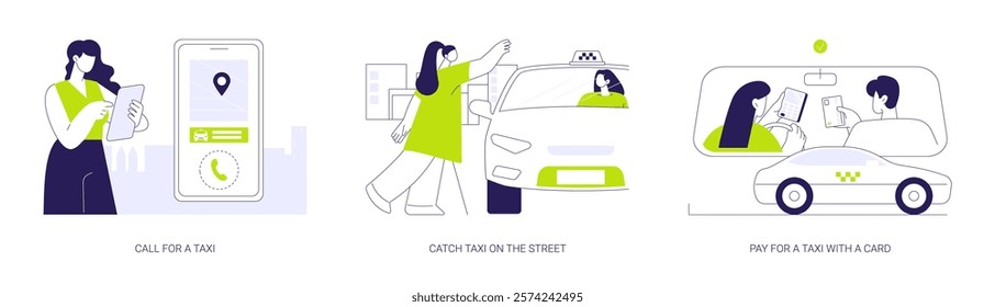 Taxi services abstract concept vector illustration set. Call for a taxi, catch a cab on the street, pay for a ride with a card, cab driver with terminal, urban transportation abstract metaphor.