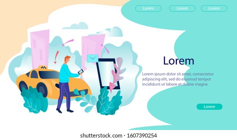 Taxi services banner template flat vector illustration. Passengers car transportation online booking and ordering background with man cartoon character using phone for cab finding.