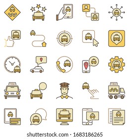 Taxi services colored icons set - vector taxi cab, transportation, phone, driver concept symbols