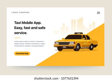 Taxi services mobile app website template. Retro yellow cab illustration. Home page concept. UI design mockup.
