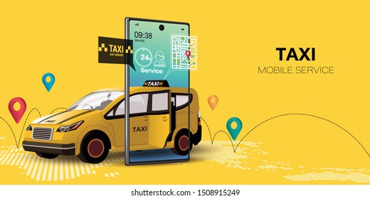 Taxi services mobile app website. yellow cab illustration. Vector