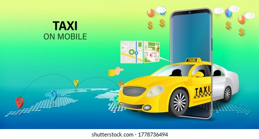 Sitio web de aplicaciones móviles de servicios de taxi. aplicación en smartphone. Página web, diseño de aplicaciones. ilustración vectorial.