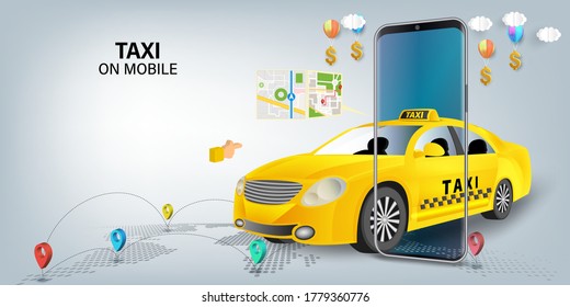 Taxi services mobile app website. application on smartphone. Webpage, app design. vector illustration.