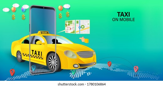 Taxi services mobile app website. application on smartphone. Webpage, app design. vector illustration.