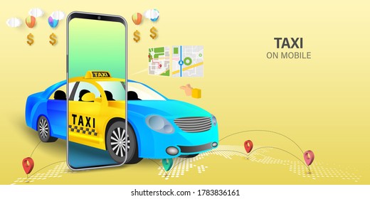 Taxi services mobile app website. application on smartphone. Webpage, app design. vector illustration.