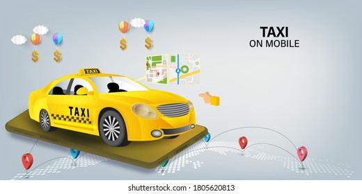 Taxi services mobile app website. application on smartphone. Webpage, app design. vector illustration.