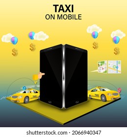 Taxi services mobile app website. application on smartphone. Webpage, app design. vector illustration.