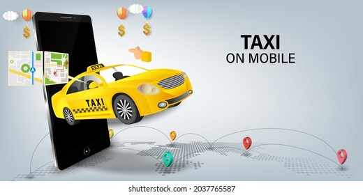 Taxi services mobile application website. application on smartphone. Webpage, app design. vector illustration.