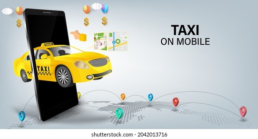 Taxi services mobile application website. application on smartphone. Webpage, app design. vector illustration.