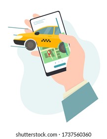 Taxi services online. Taxi ordering. Vector illustration in cartoon flat style.