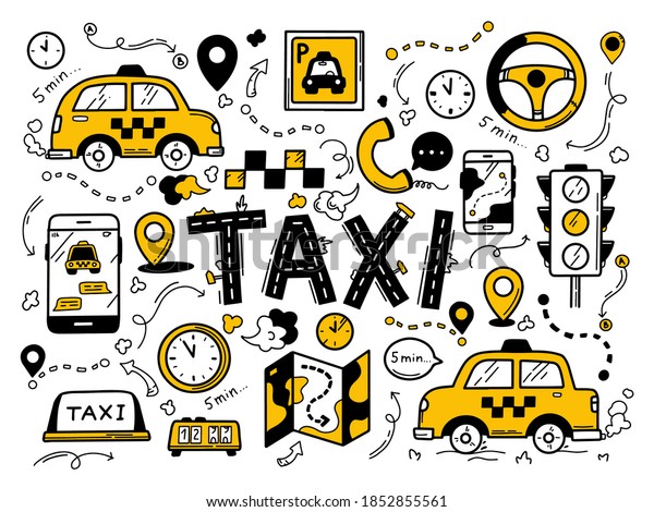 Taxi set in the doodle hand-drawn style. Traffic\
light, cars, signs. Vector illustration icons in black and yellow\
colours