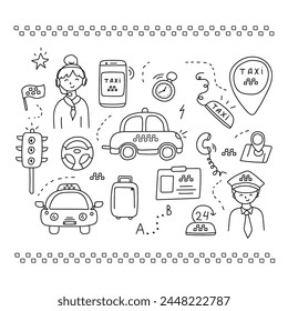 Taxi set in doodle style. Vector illustration, isolated on white background