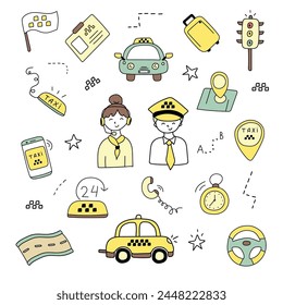 Taxi set in doodle style. Vector illustration, isolated on white background