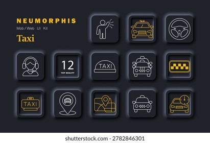 Taxi set icon. Cab, steering wheel, operator, headset, dispatch, booking, map, navigation, route, urban transport, driver, passenger, city ride, vehicle, service, mobility, trip management