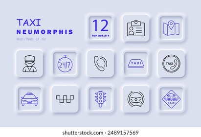 Taxi set icon. Map, 24 7, car, traffic light, sign, driver, phone, service, fare, location, customer, call, transport, cab, vehicle, hire, travel, ride, passenger.