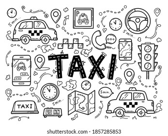 Conjunto de iconos en taxi en el estilo de doodle dibujado a mano. Luz de tráfico, coches, carteles. Ilustración vectorial en color negro