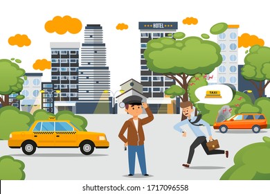 Taxi Set, Man Character Late For Work And Uses Driver Service. Guy In Cap Standing By Yellow Checkered Car,vector Illustration Waiting For Client. City Center With Skyscraper, Park Area.