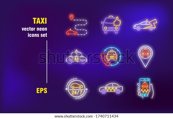 Taxi\
set in neon style. Car, driver and route. Vector illustrations for\
bright banners. Transportation and service\
concept