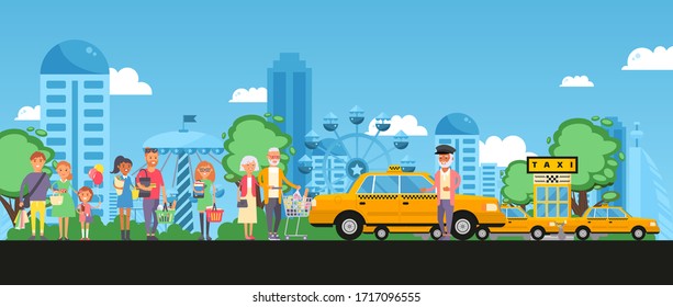 Taxi set parking, line customers with purchases, vector illustration people with package, trolley and product stand behind each other for go home by car. Driver character in cap offers services.